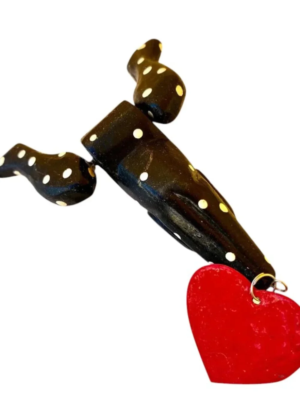 Vintage Wood Black Cat Christmas Hanging Ornament Hand Painted RED HEART Moves